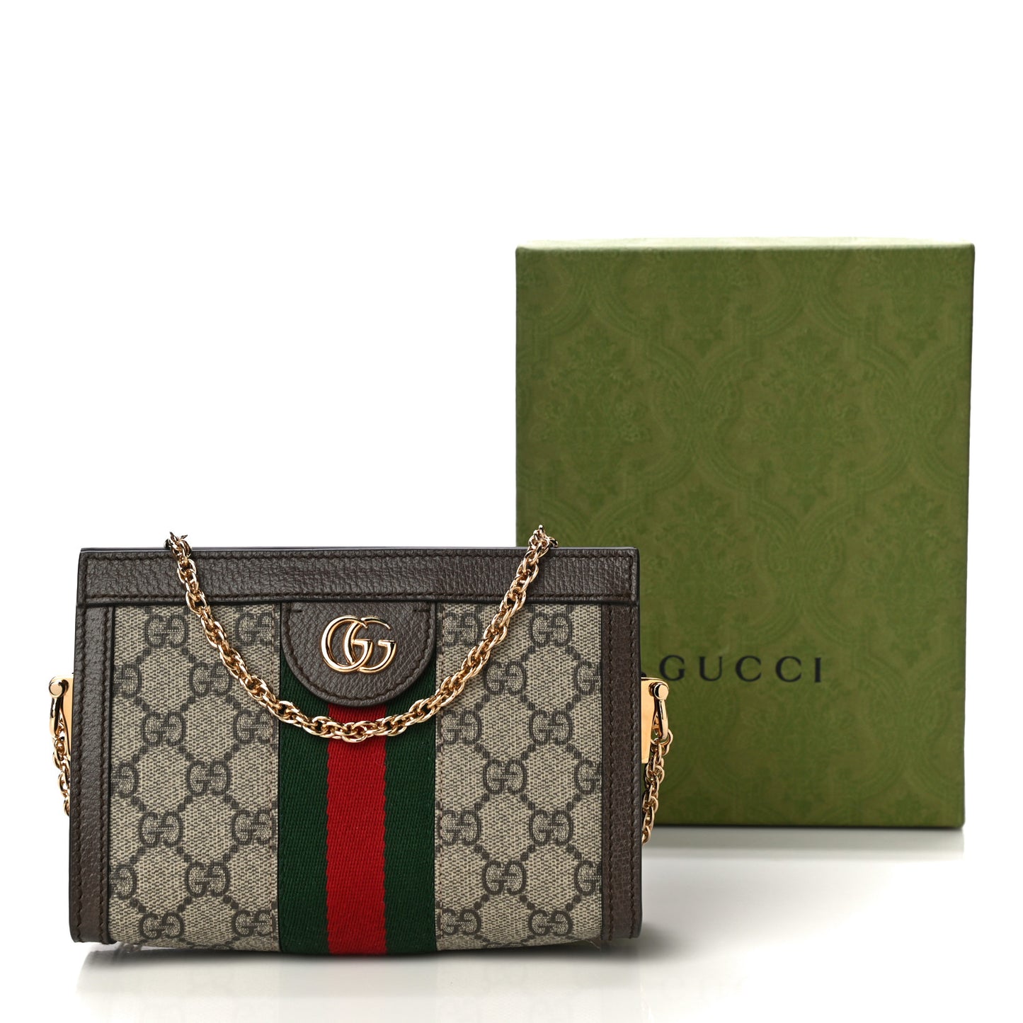 GG Supreme Monogram Textured Dollar Calfskin Web Mini Ophidia Chain Shoulder Bag Beige Ebony New Acero