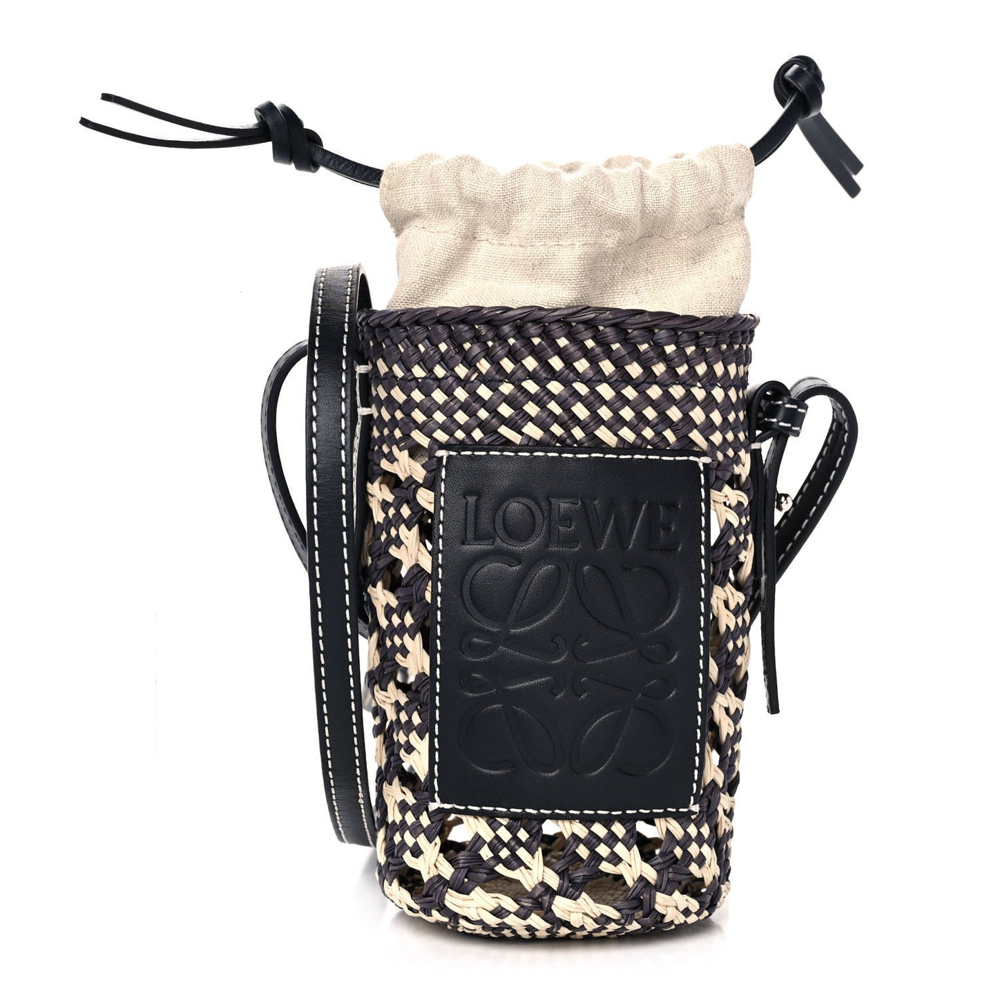 Calfskin Raffia Paula's Ibiza Pocket Bucket Bag Natural Navy Blue