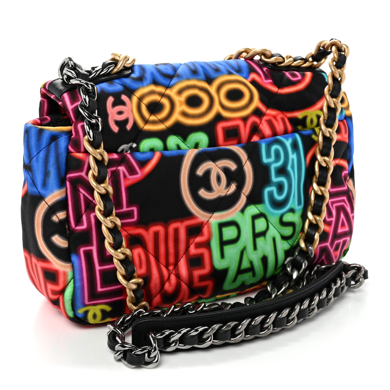 Chanel Fabric Quilted Neon Graffiti Medium Chanel 19 Flap Black Multicolor 3 of 10