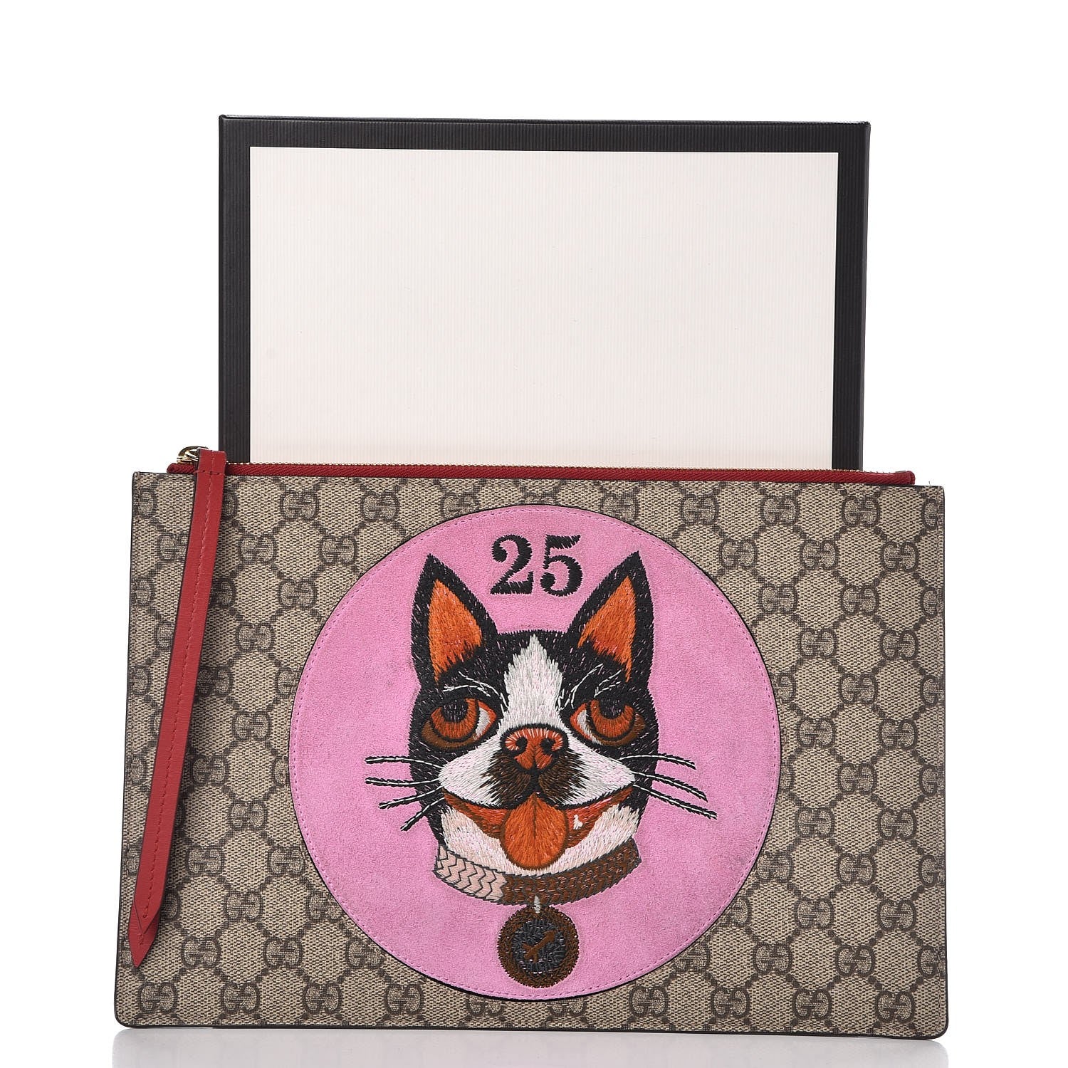 Gucci GG Supreme Monogram Bosco Patch Zip Pouch Beige Malva Hibiscus Red 9 of 10