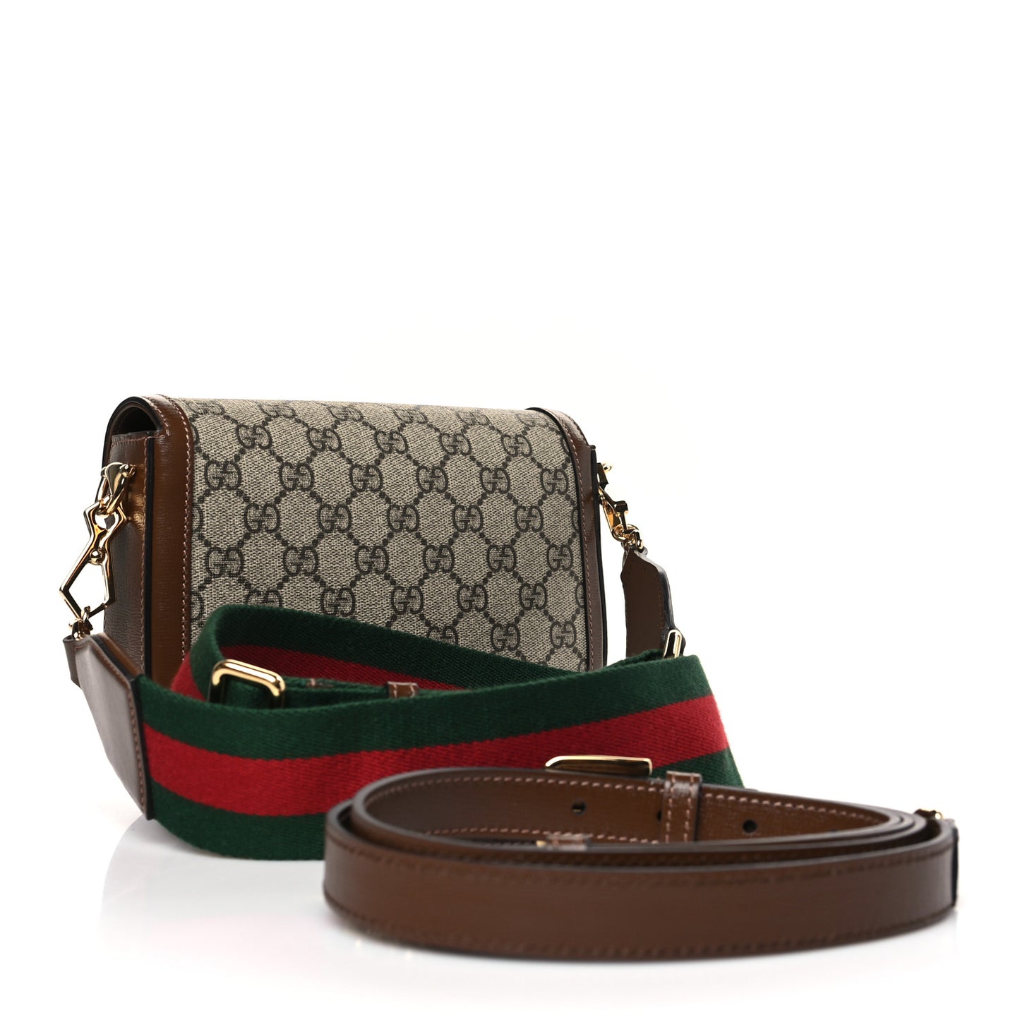GG Supreme Monogram Azalea Calfskin Web Mini Horsebit 1955 Shoulder Bag Beige Ebony Brown Sugar