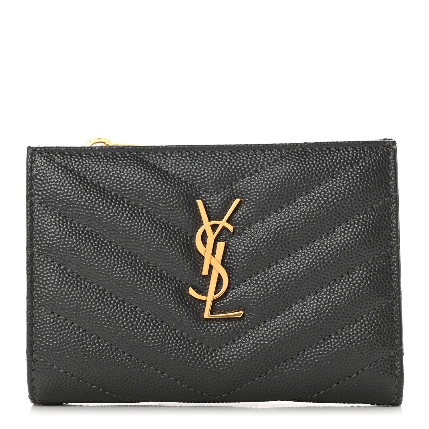 Saint Laurent Grain De Poudre Matelasse Chevron Monogram Zipped Two-Part Wallet Storm 1 of 6