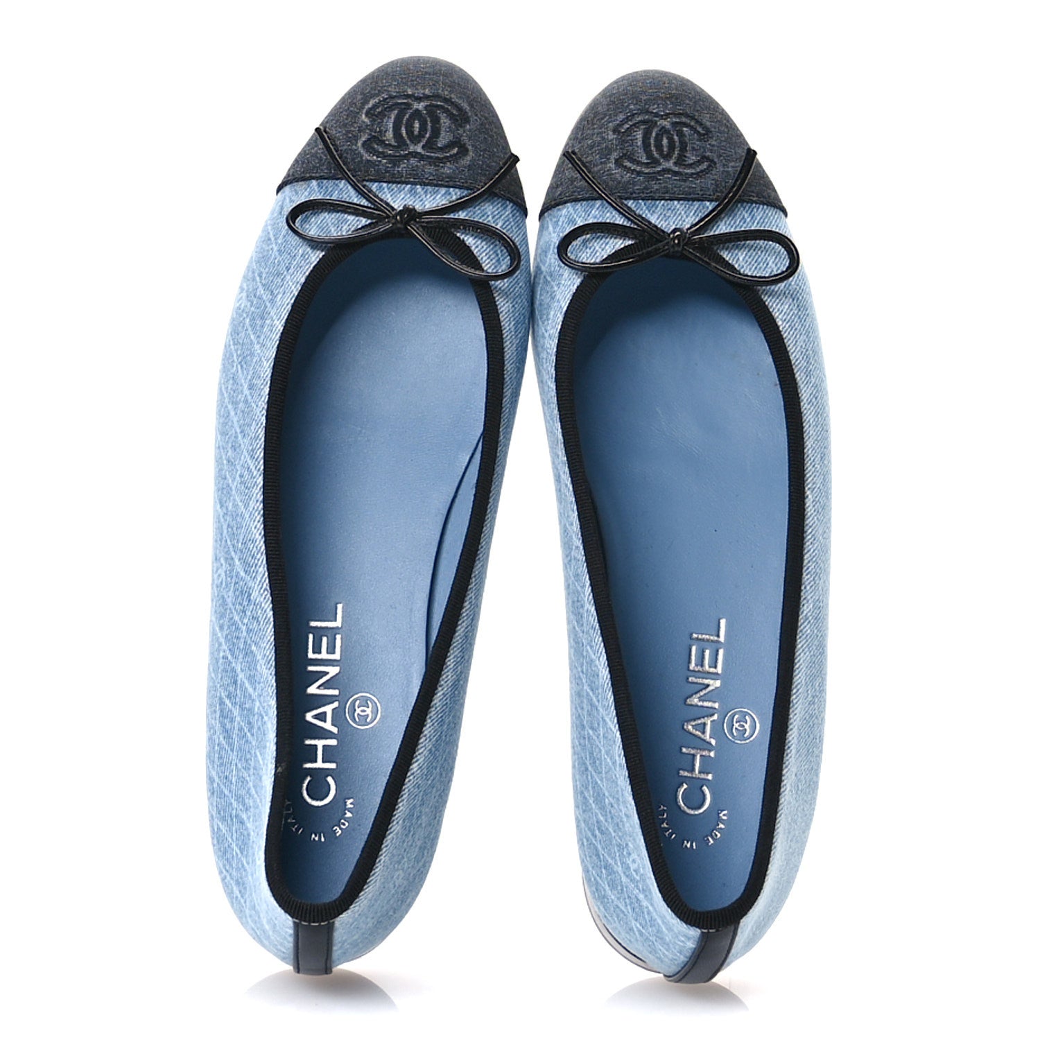 Chanel Denim Printed Quilt CC Cap Toe Ballerina Flats 39 Light Blue Dark Grey 2 of 9