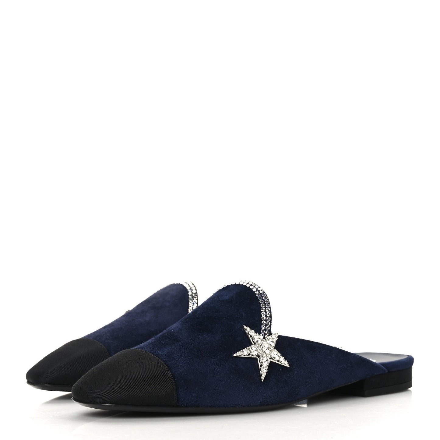 Suede Calfskin Grosgrain Crystal CC Star Mules 37.5 Blue Black