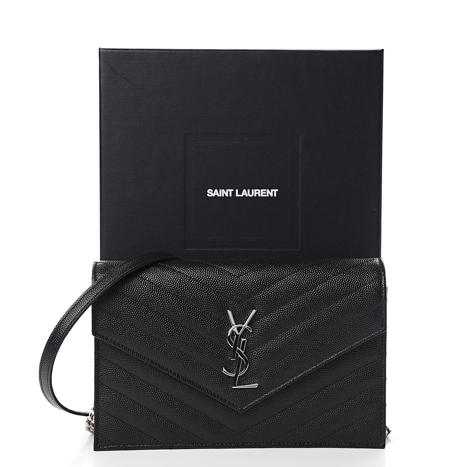 Saint Laurent Grain De Poudre Matelasse Chevron Monogram Envelope Chain Wallet Black 11 of 11