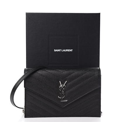 Saint Laurent Grain De Poudre Matelasse Chevron Monogram Envelope Chain Wallet Black 11 of 11