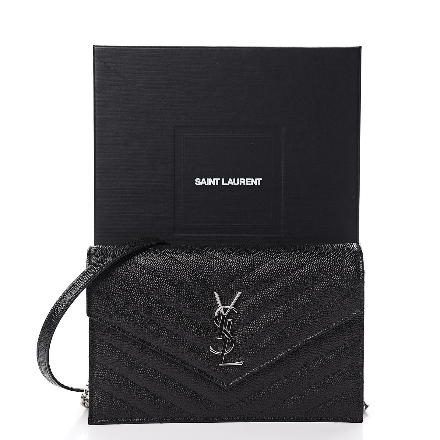 Grain De Poudre Matelasse Chevron Monogram Envelope Chain Wallet Black