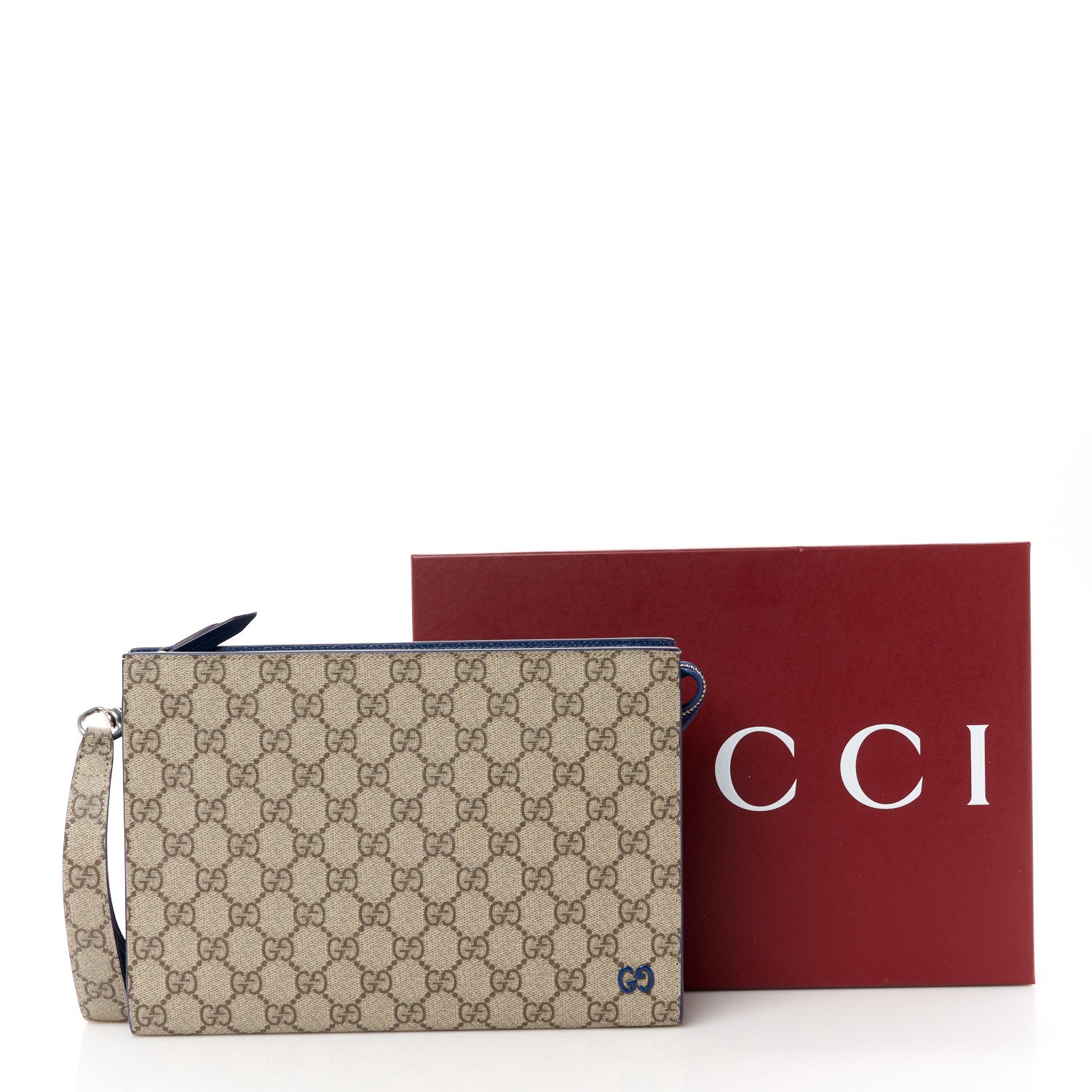 Gucci GG Supreme Monogram Bi-Color Small Zip Wristlet Pouch Beige