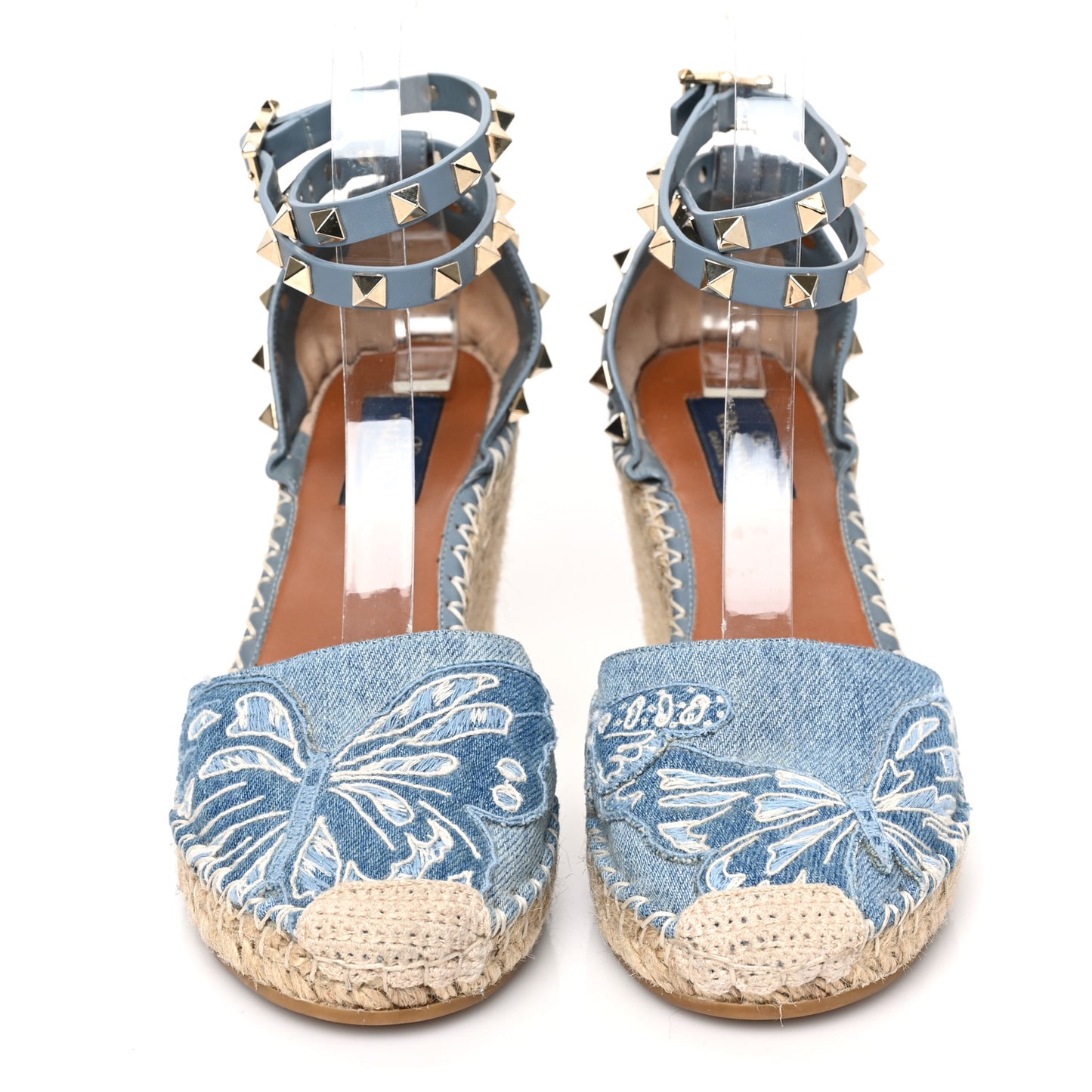 Denim Butterfly Embroidered Rockstud Ankle Wrap Espadrille Wedges 38 Light Denim