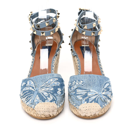 Valentino Garavani Denim Butterfly Embroidered Rockstud Ankle Wrap Espadrille Wedges 38 Light Denim 2 of 8