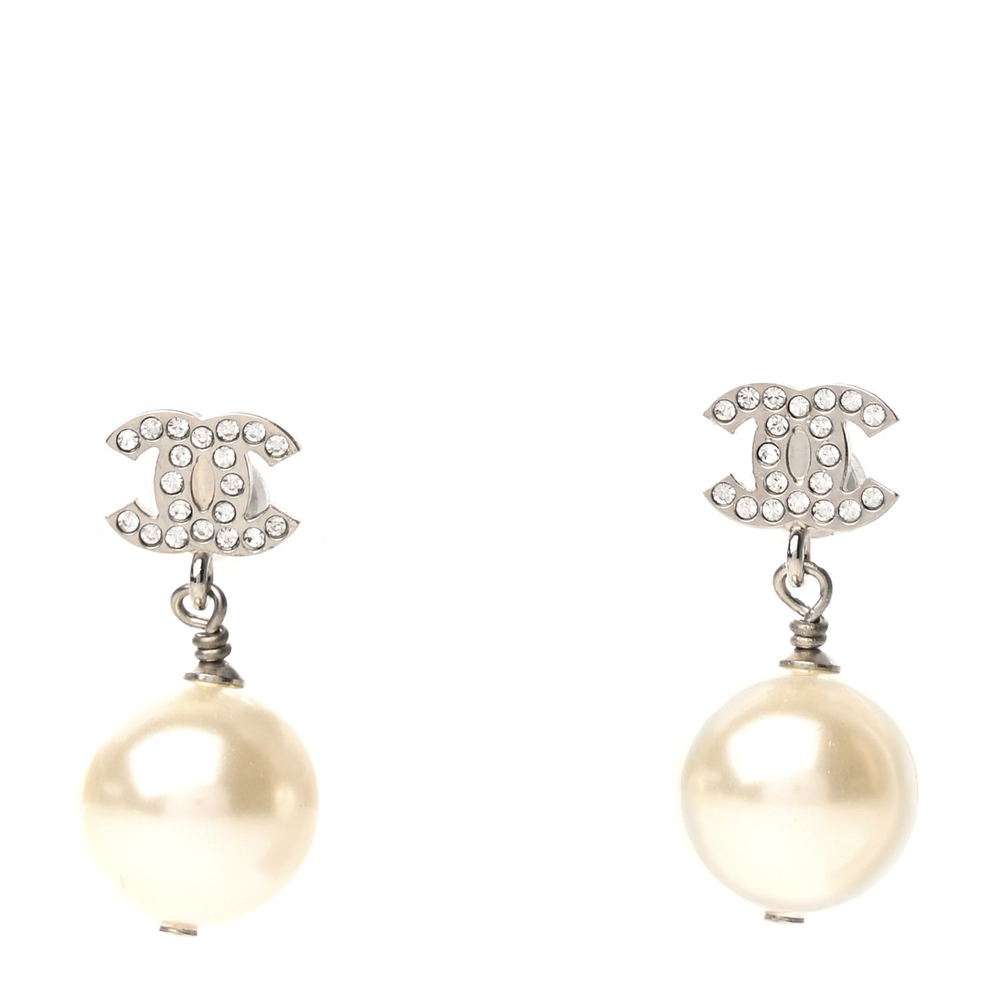 Crystal Pearl CC Drop Earrings Silver Pearly White