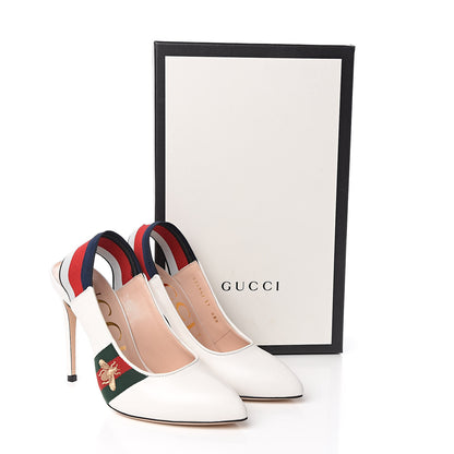 Gucci Malaga Kid Web Sylvie High Heel Slingback Pumps 37 White 12 of 13