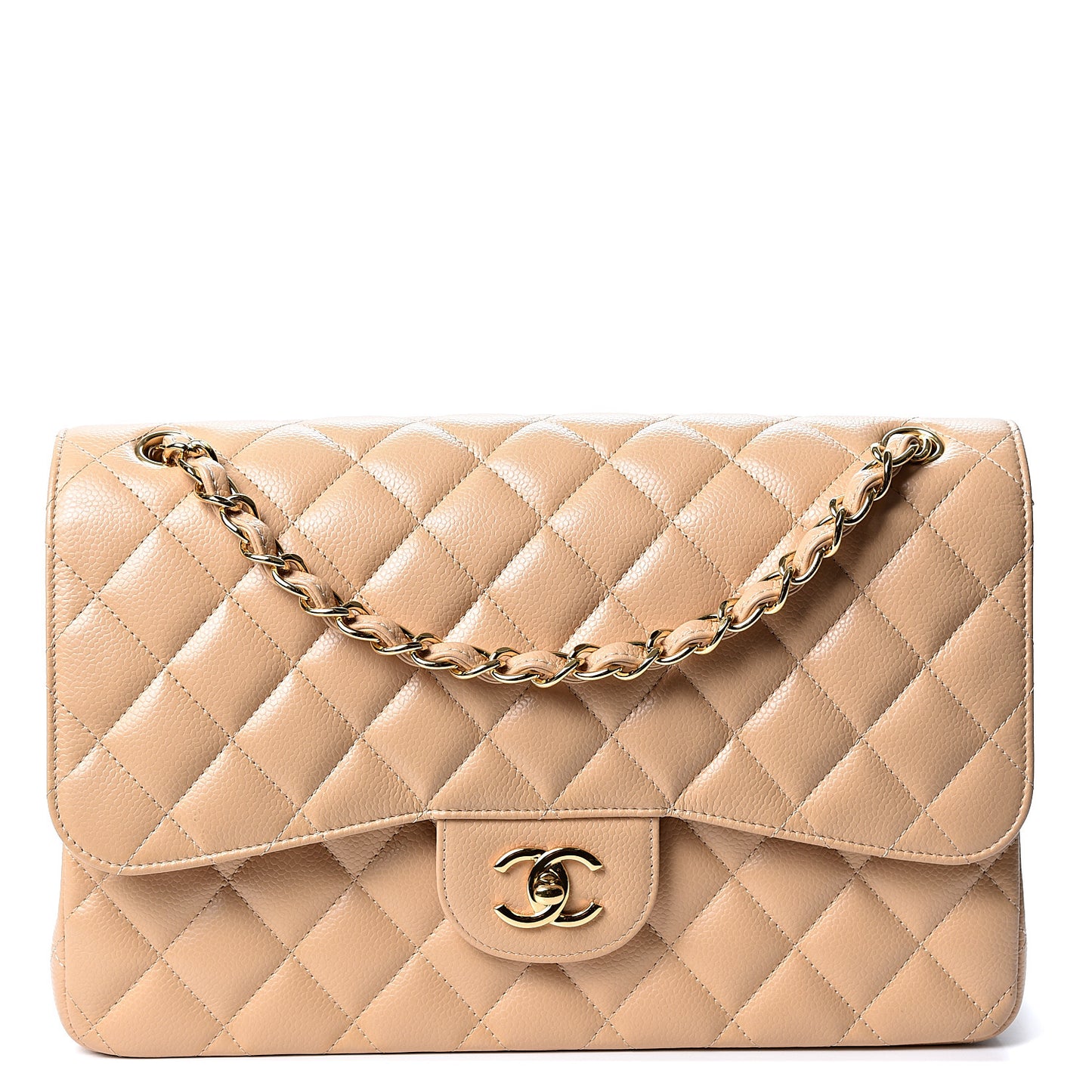 Caviar Quilted Jumbo Double Flap Beige