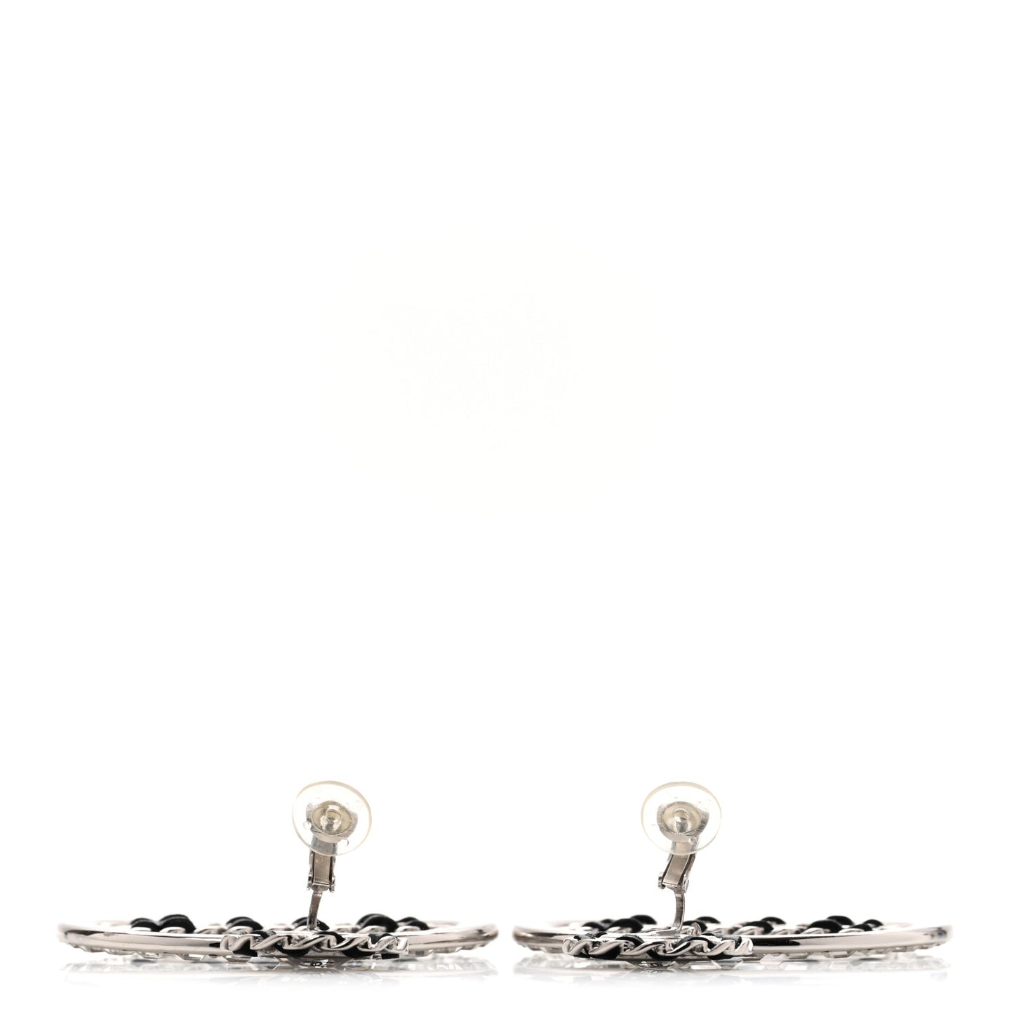 Crystal Lambskin Chain CC Hoop Clip On Earrings Black Silver