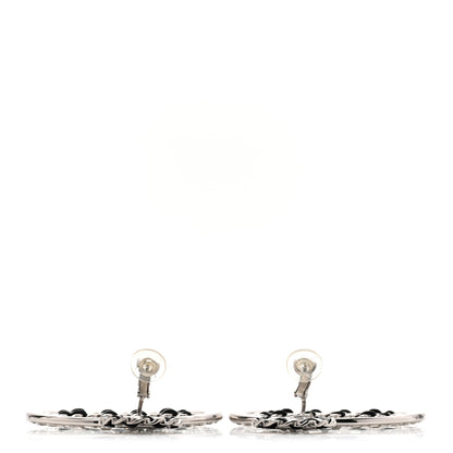 Chanel Crystal Lambskin Chain CC Hoop Clip On Earrings Black Silver 3 of 6