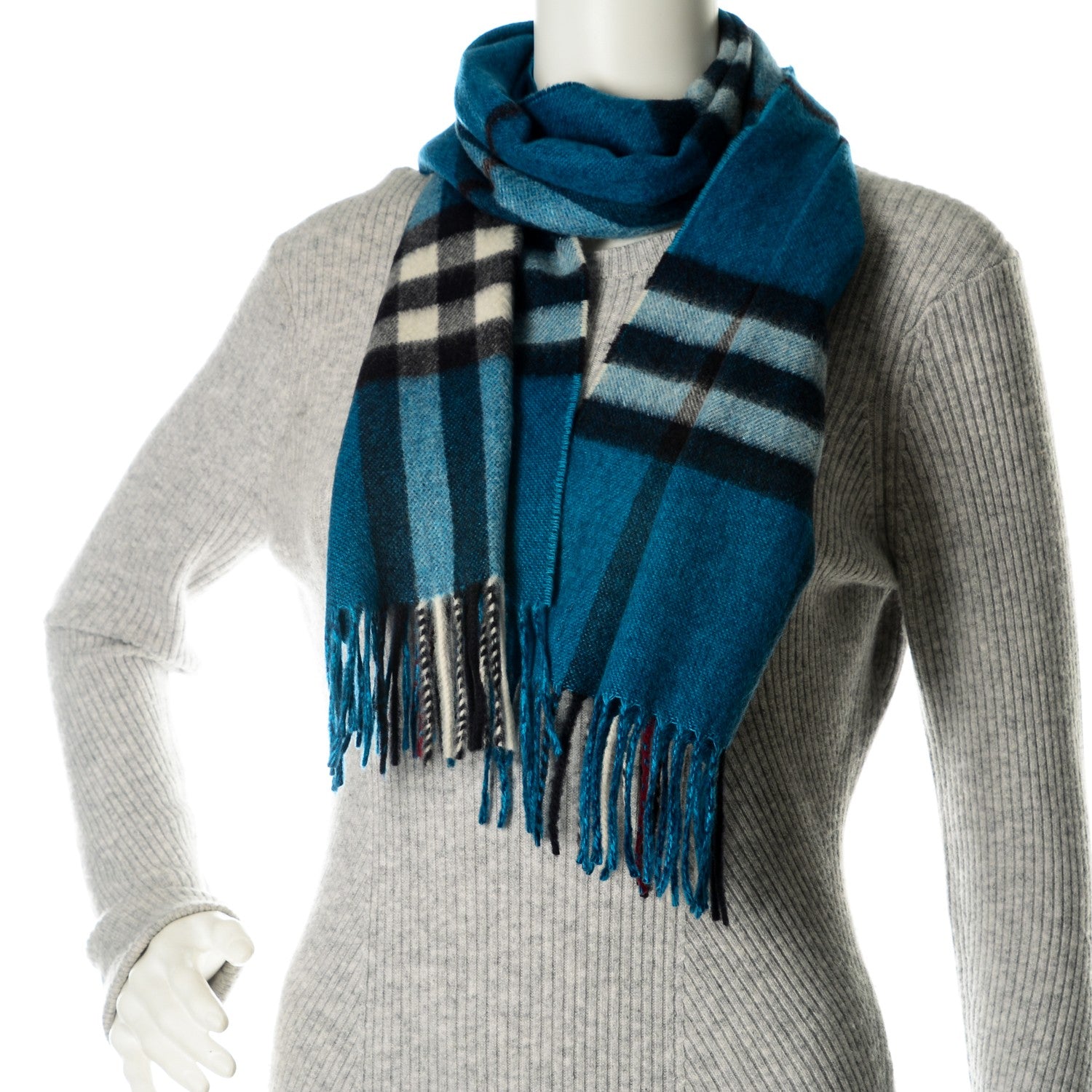 Burberry Cashmere Giant Check Fringe Scarf Blue 2 of 4
