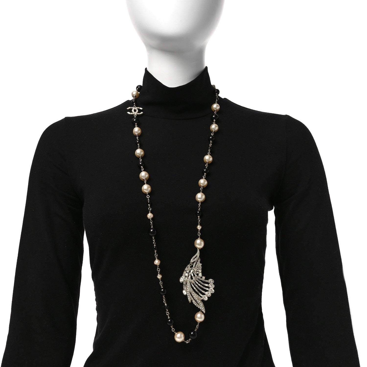 Chanel Pearl Crystal Baguette Beaded Wing Long Necklace Black Gold 2 of 4