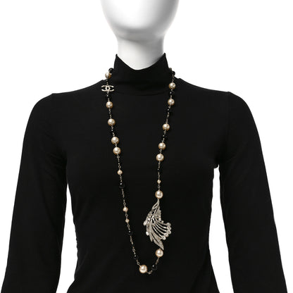 Chanel Pearl Crystal Baguette Beaded Wing Long Necklace Black Gold 2 of 4