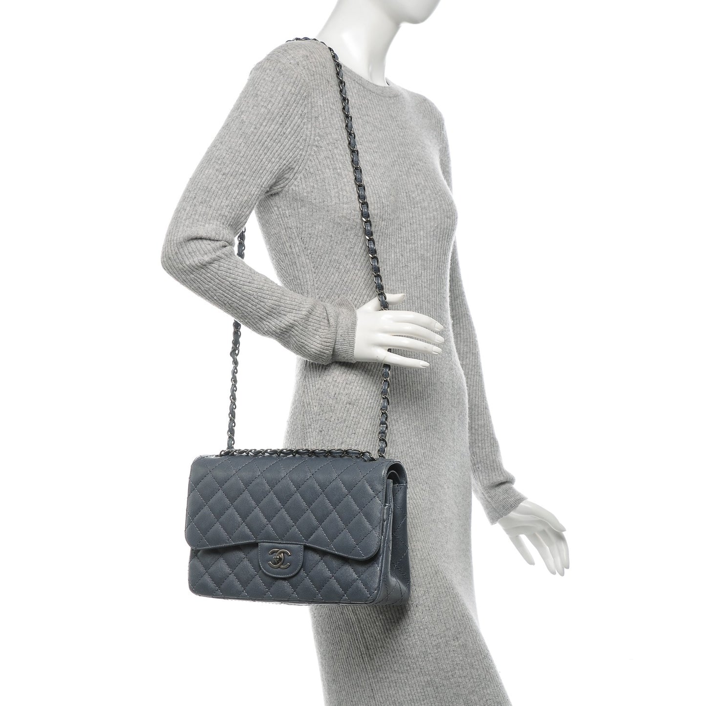 Caviar Quilted Jumbo Double Flap Grey