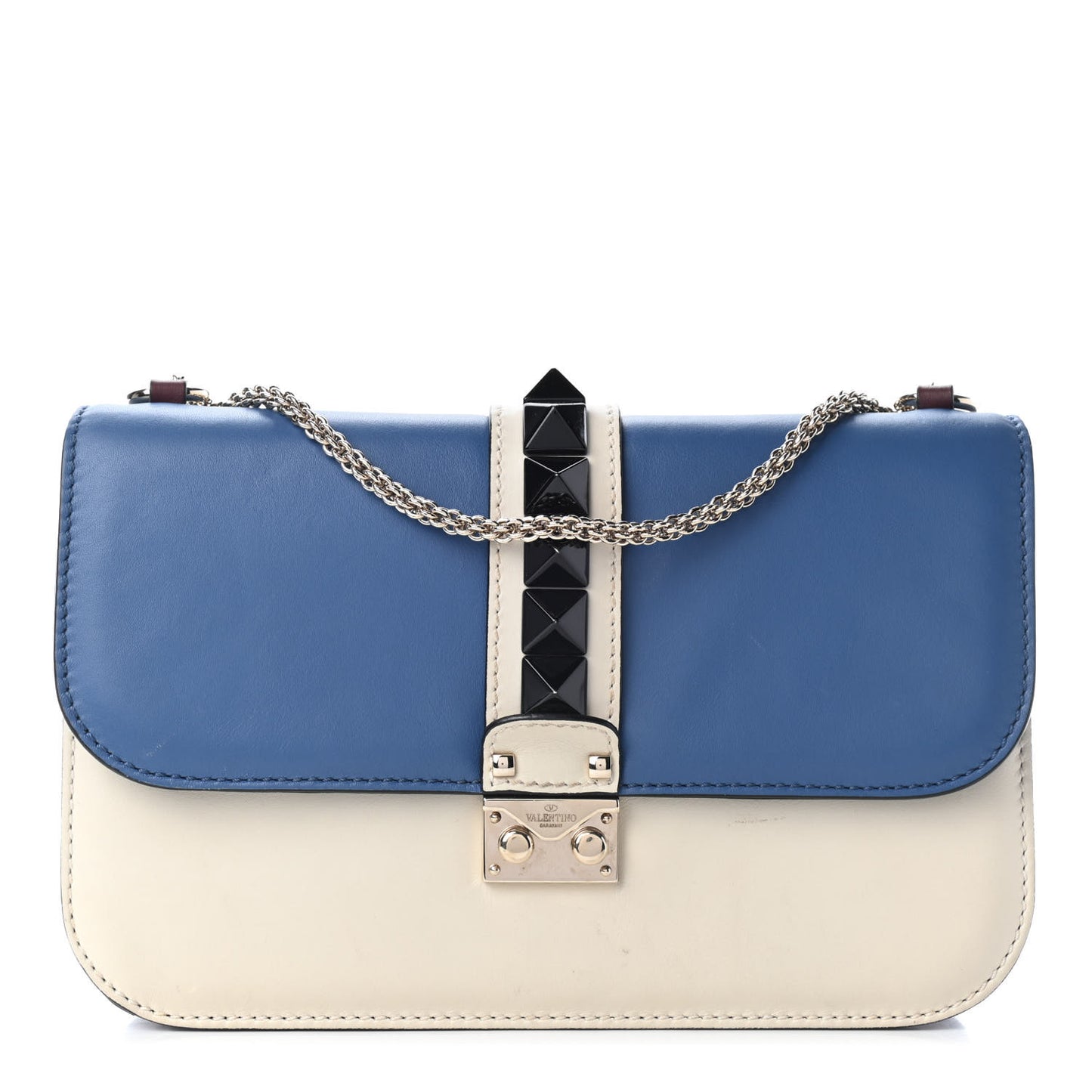 Vitello Tri-Color Medium Glam Lock Rockstud Flap Blue White Burgundy