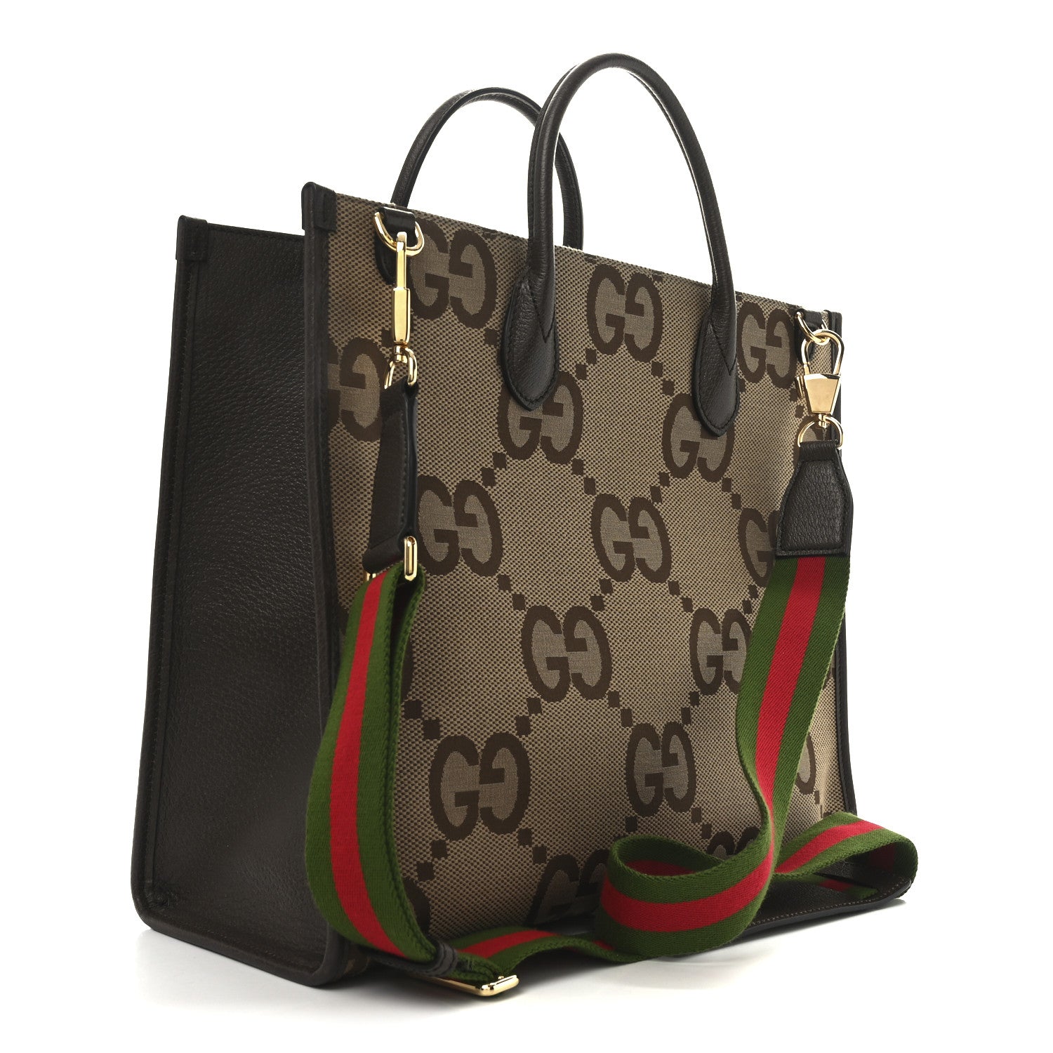 Gucci Monogram Jumbo GG Textured Dollar Calfskin Web Tote Bag Camel Ebony New Acero 3 of 10