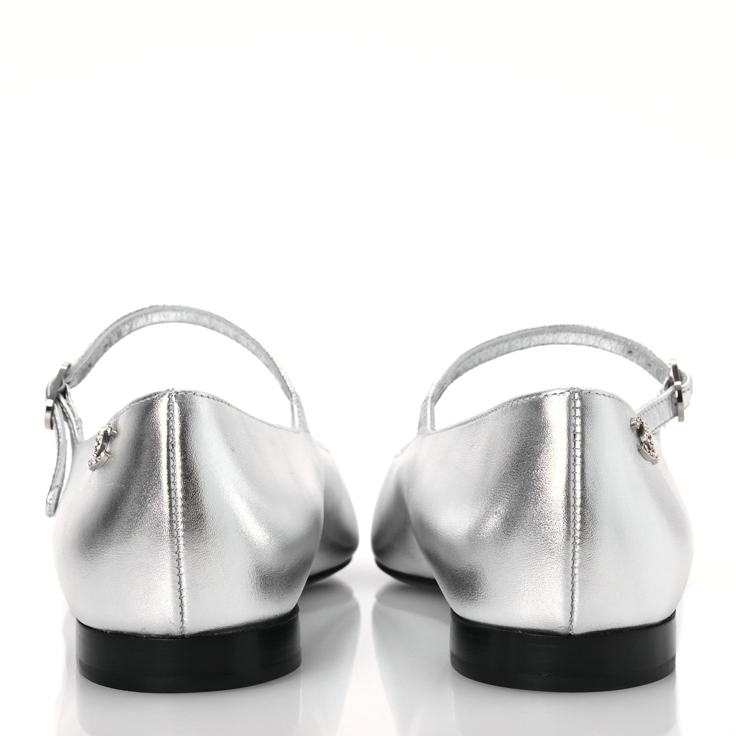 Chanel Laminated Calfskin Grosgrain Mary Janes Flats 37 Silver Black 5 of 12