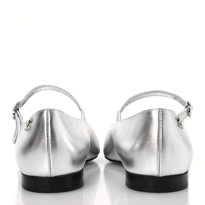 Chanel Laminated Calfskin Grosgrain Mary Janes Flats 37 Silver Black 5 of 12