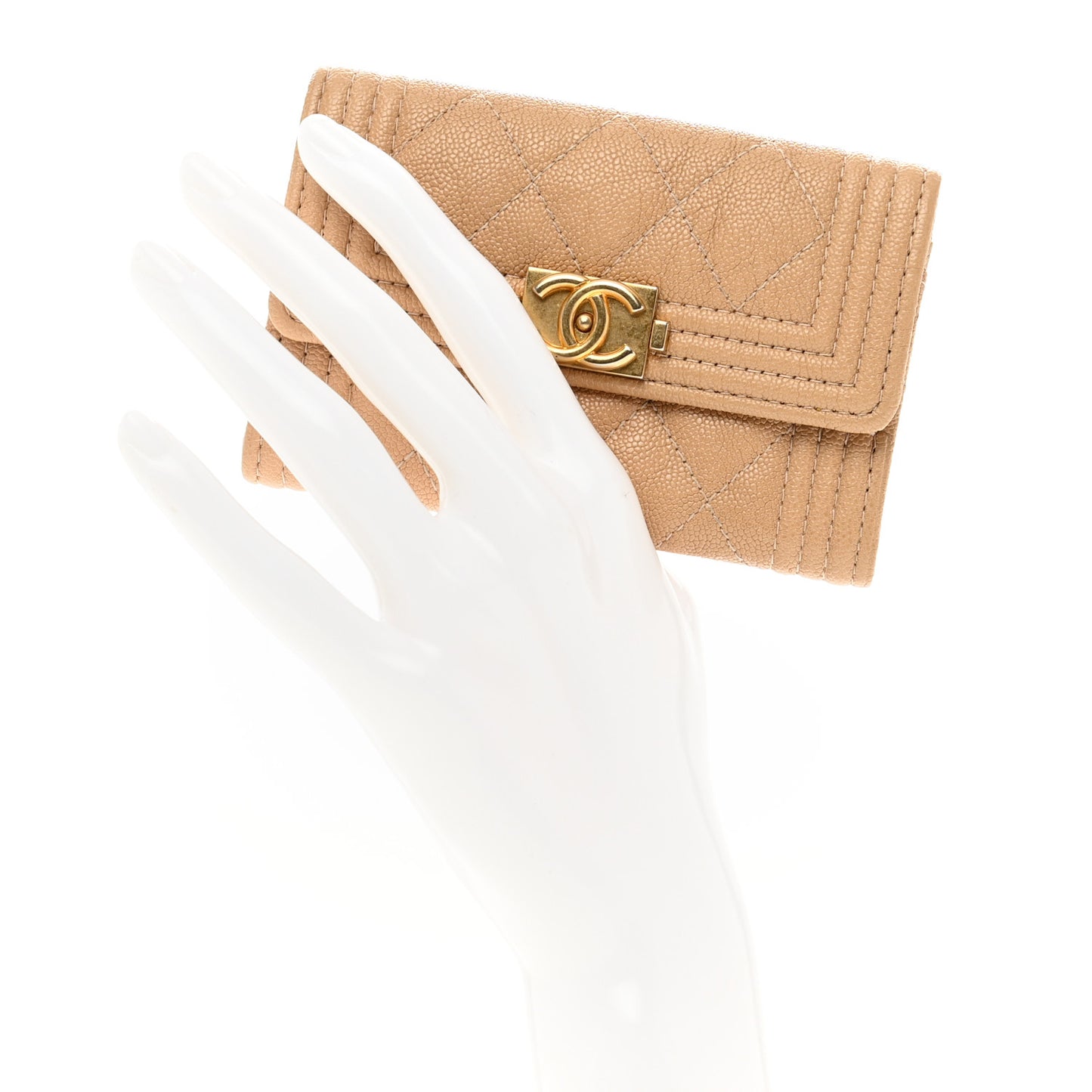 Caviar Quilted Boy Flap Card Holder Wallet Beige