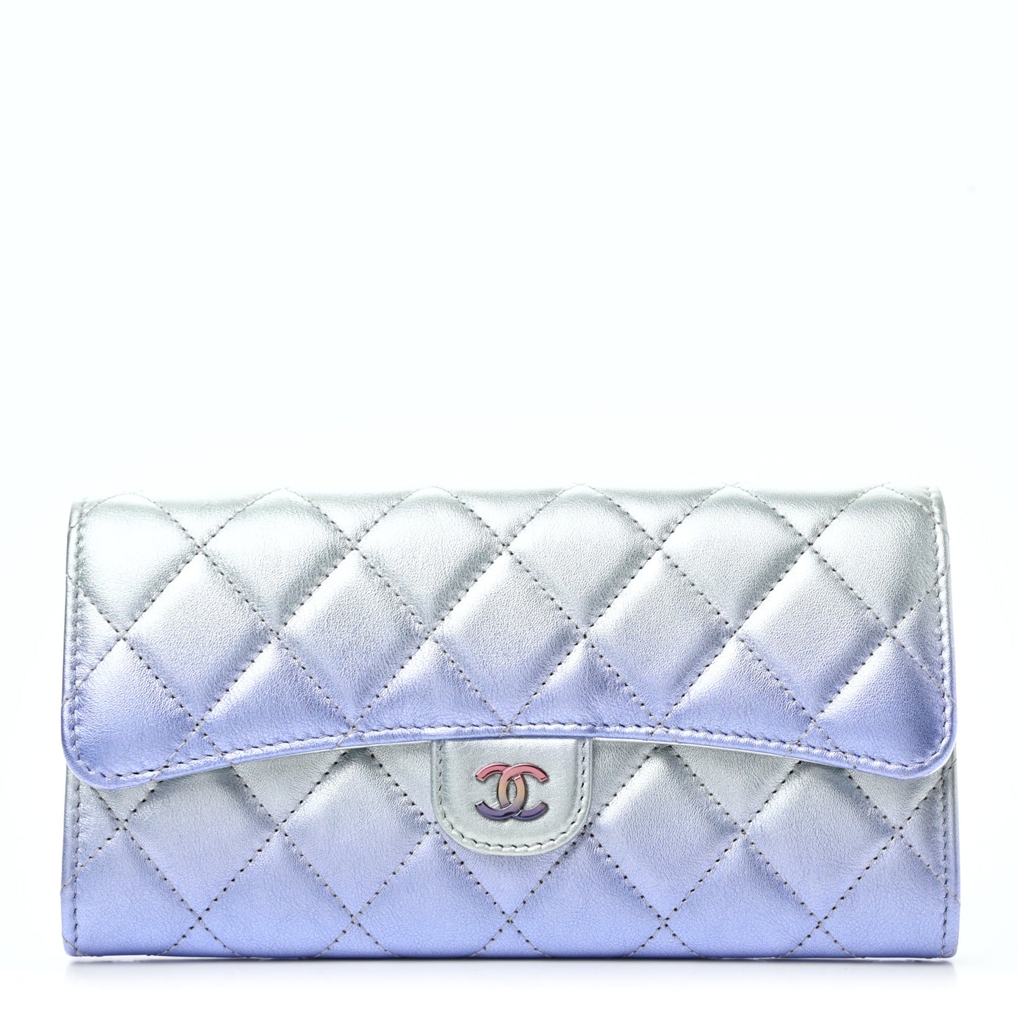 Gradient Metallic Calfskin Quilted Large Gusset Flap Wallet Silver Blue Yellow Purple