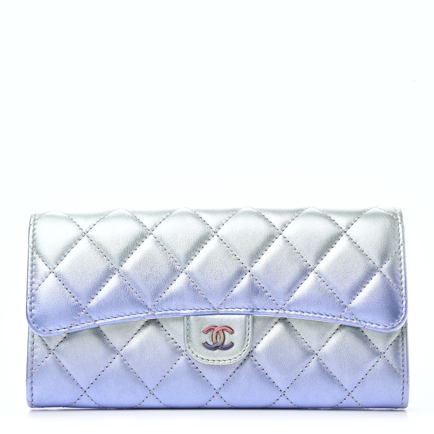 Chanel Gradient Metallic Calfskin Quilted Large Gusset Flap Wallet Silver Blue Yellow Purple 1 of 9