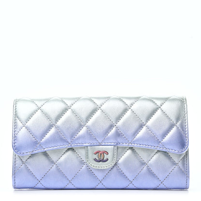 Chanel Gradient Metallic Calfskin Quilted Large Gusset Flap Wallet Silver Blue Yellow Purple 1 of 9