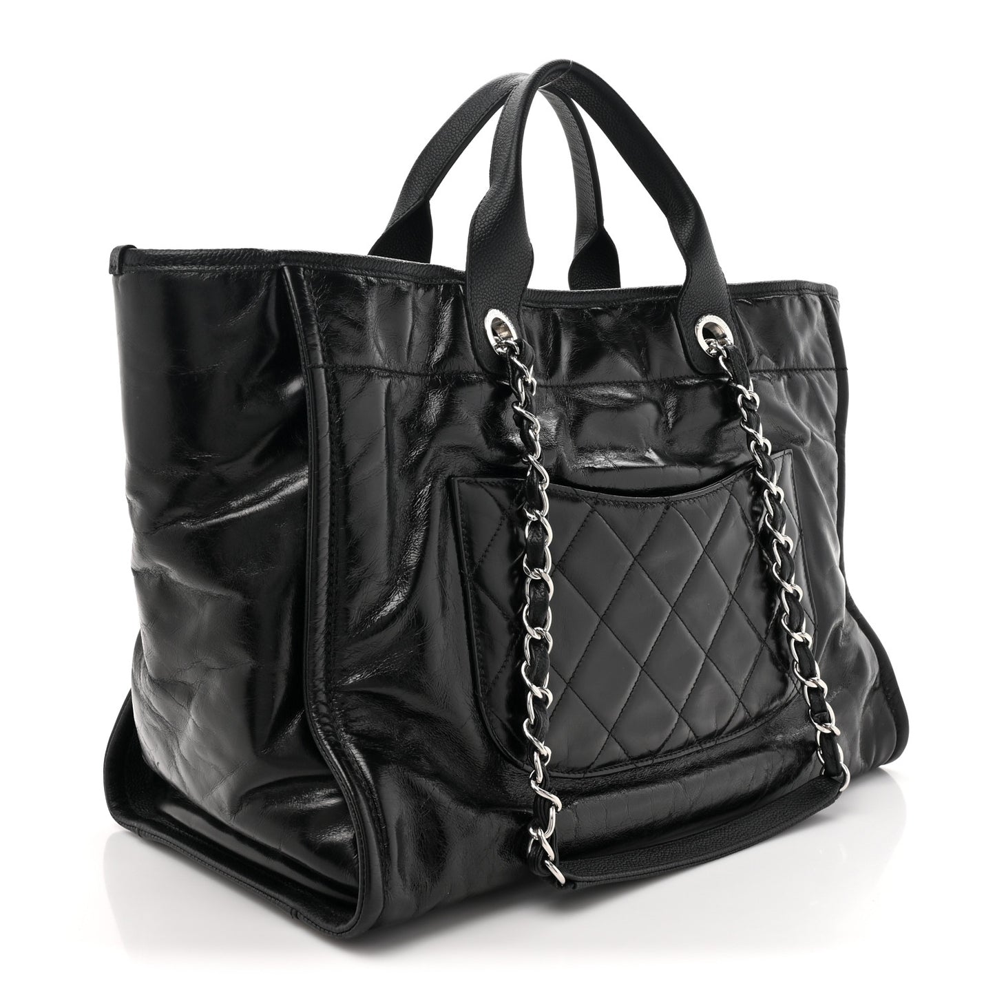 Glazed Calfskin Medium Deauville Tote Black