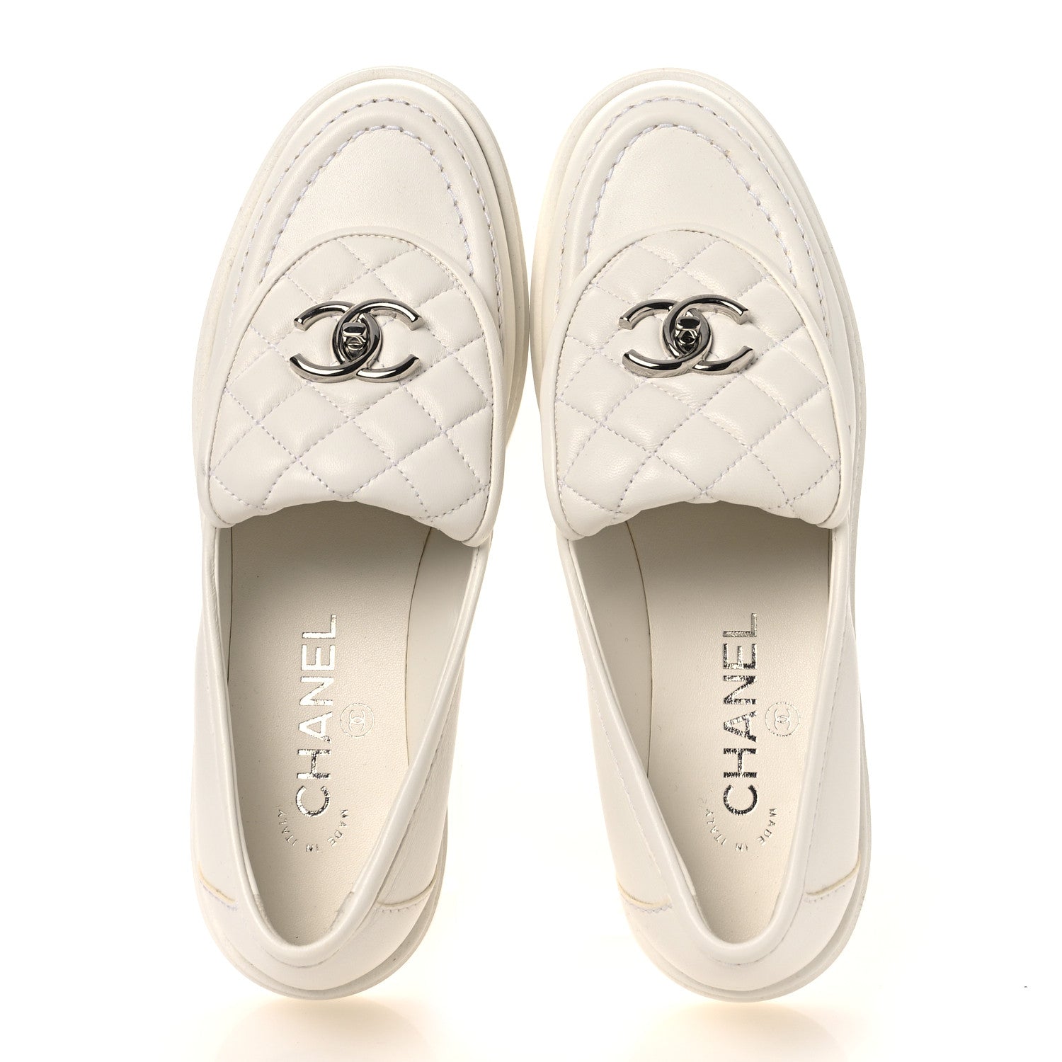 Chanel Shiny Lambskin Quilted CC Turnlock Loafers 37.5 White 2 of 12