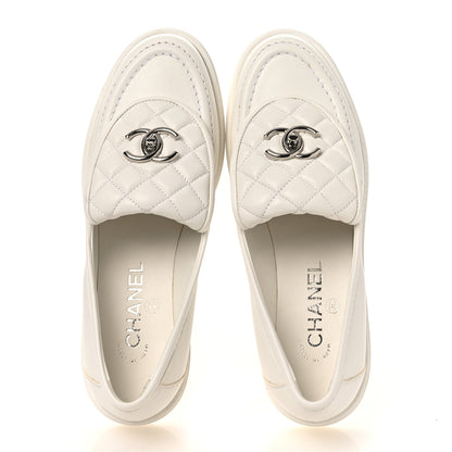 Chanel Shiny Lambskin Quilted CC Turnlock Loafers 37.5 White 2 of 12