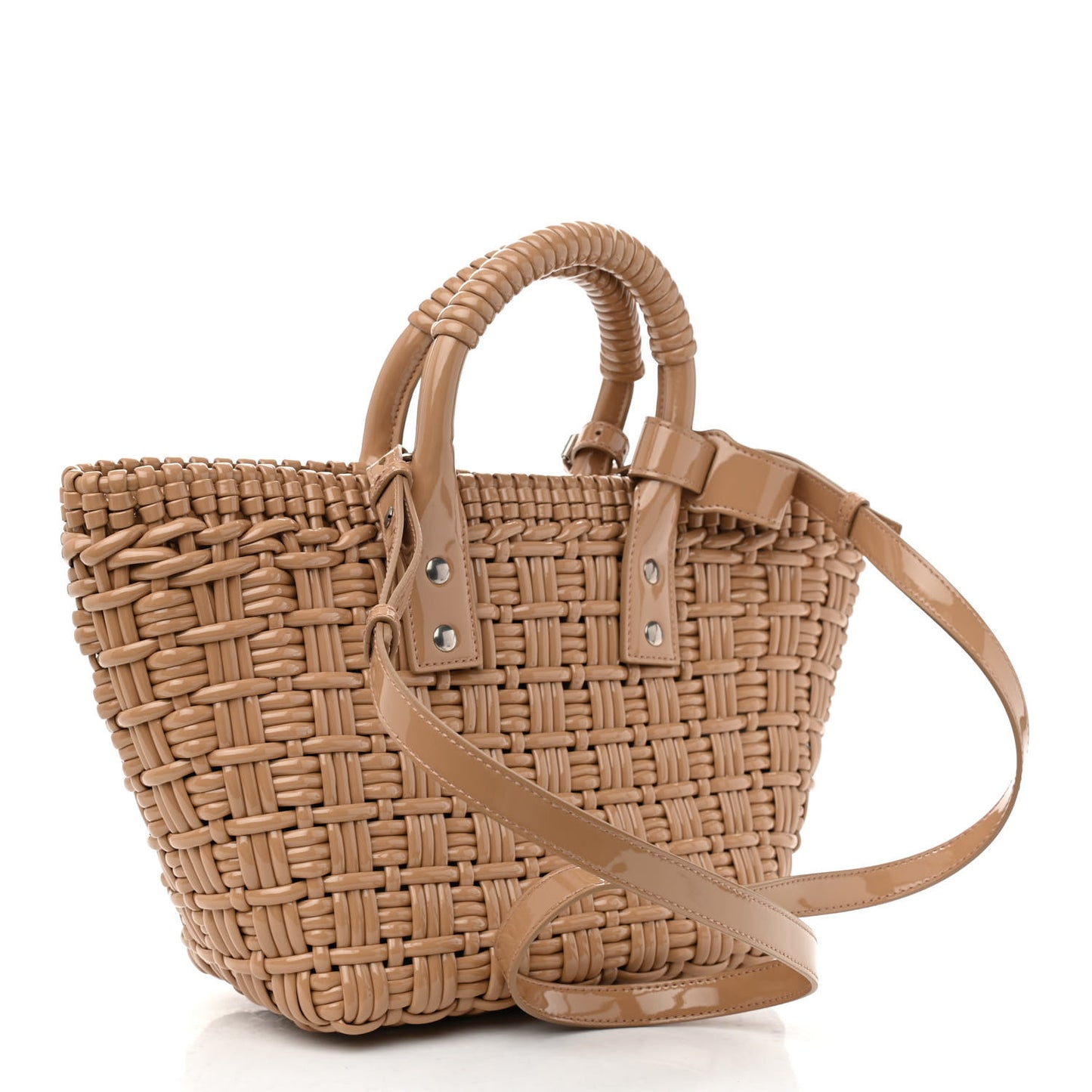 Varnished Faux Calfskin Braided XS Bistro Basket Beige