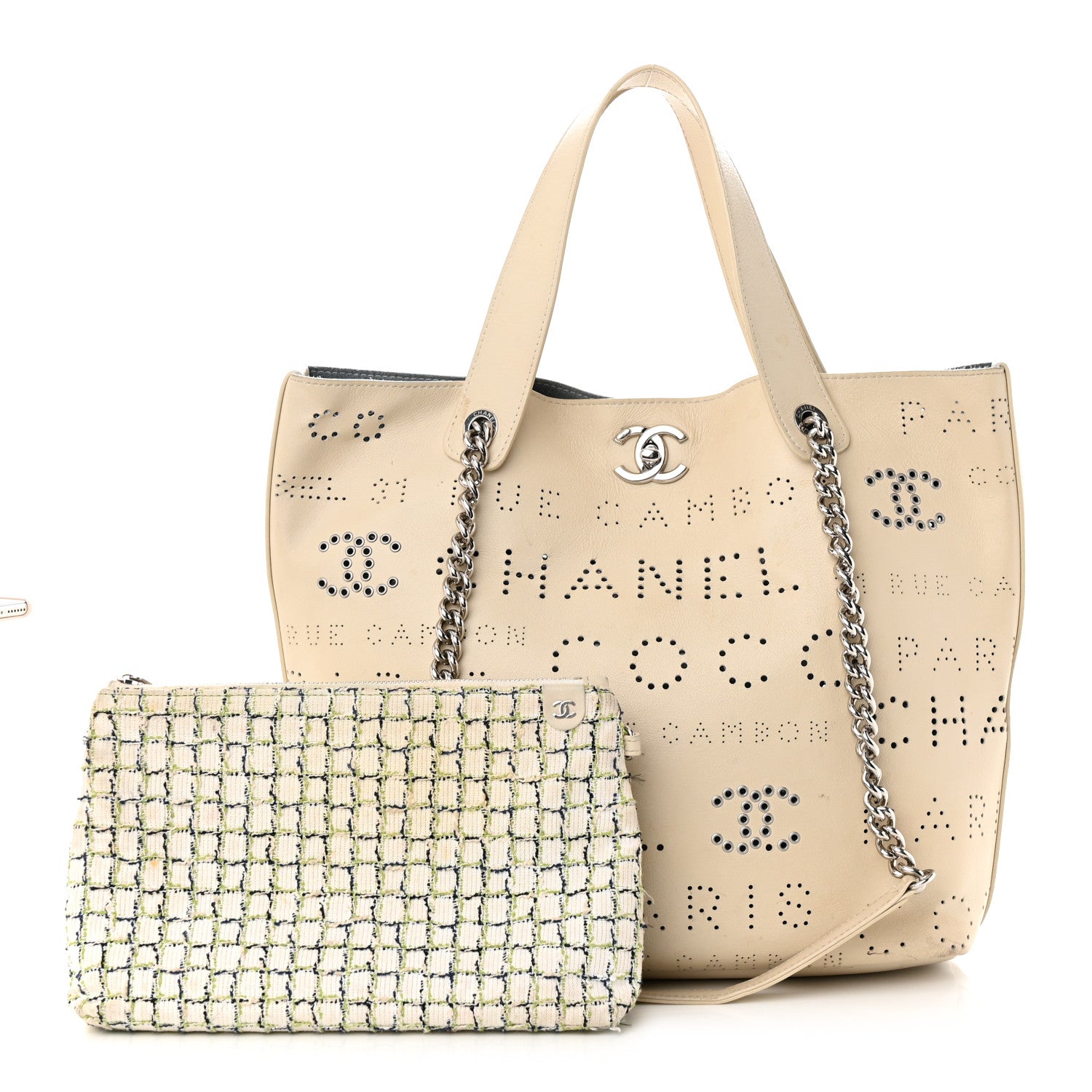 Chanel Calfskin Tweed Small Logo Eyelets Shopping Tote Beige 1 of 20