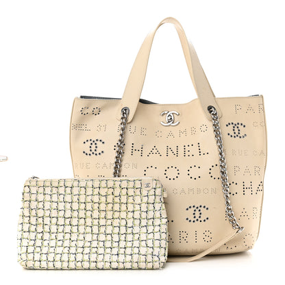 Chanel Calfskin Tweed Small Logo Eyelets Shopping Tote Beige 1 of 20