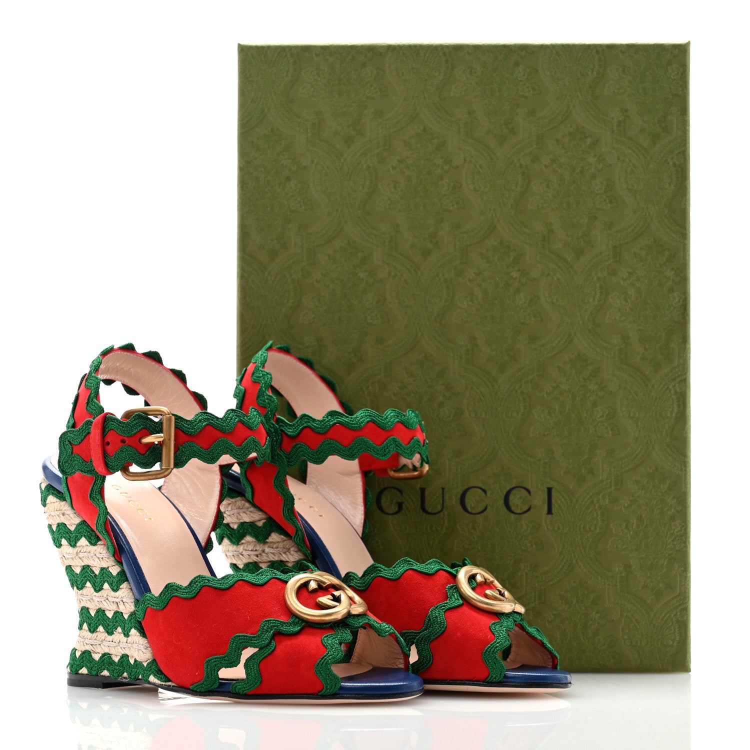 Gucci Kid Scamosciato Interlocking G Wavy Colorblock Wedge Sandals 38 Hibiscus Red Emerald 9 of 9
