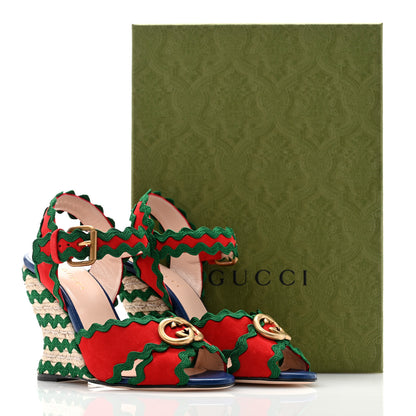 Gucci Kid Scamosciato Interlocking G Wavy Colorblock Wedge Sandals 38 Hibiscus Red Emerald 9 of 9