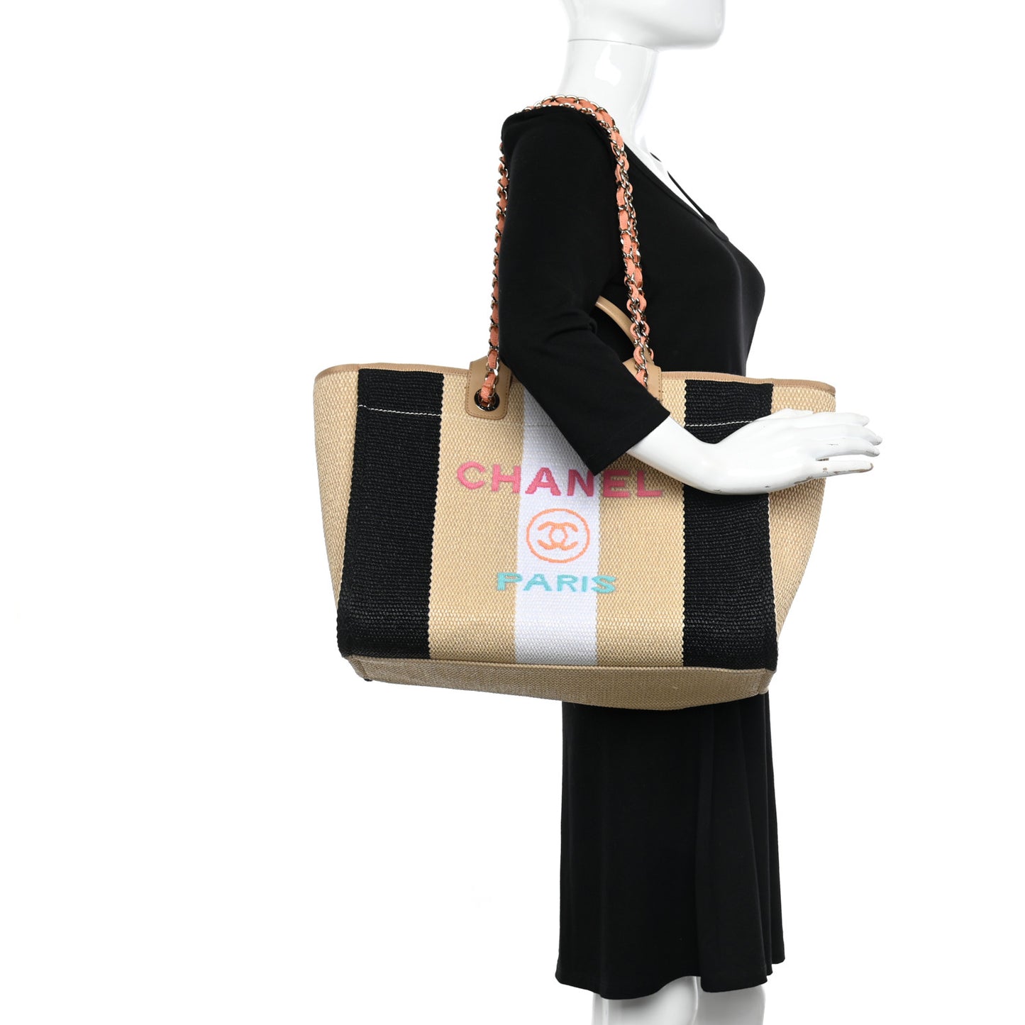 Straw Raffia Calfskin Striped Medium Deauville Tote Black Beige Ivory