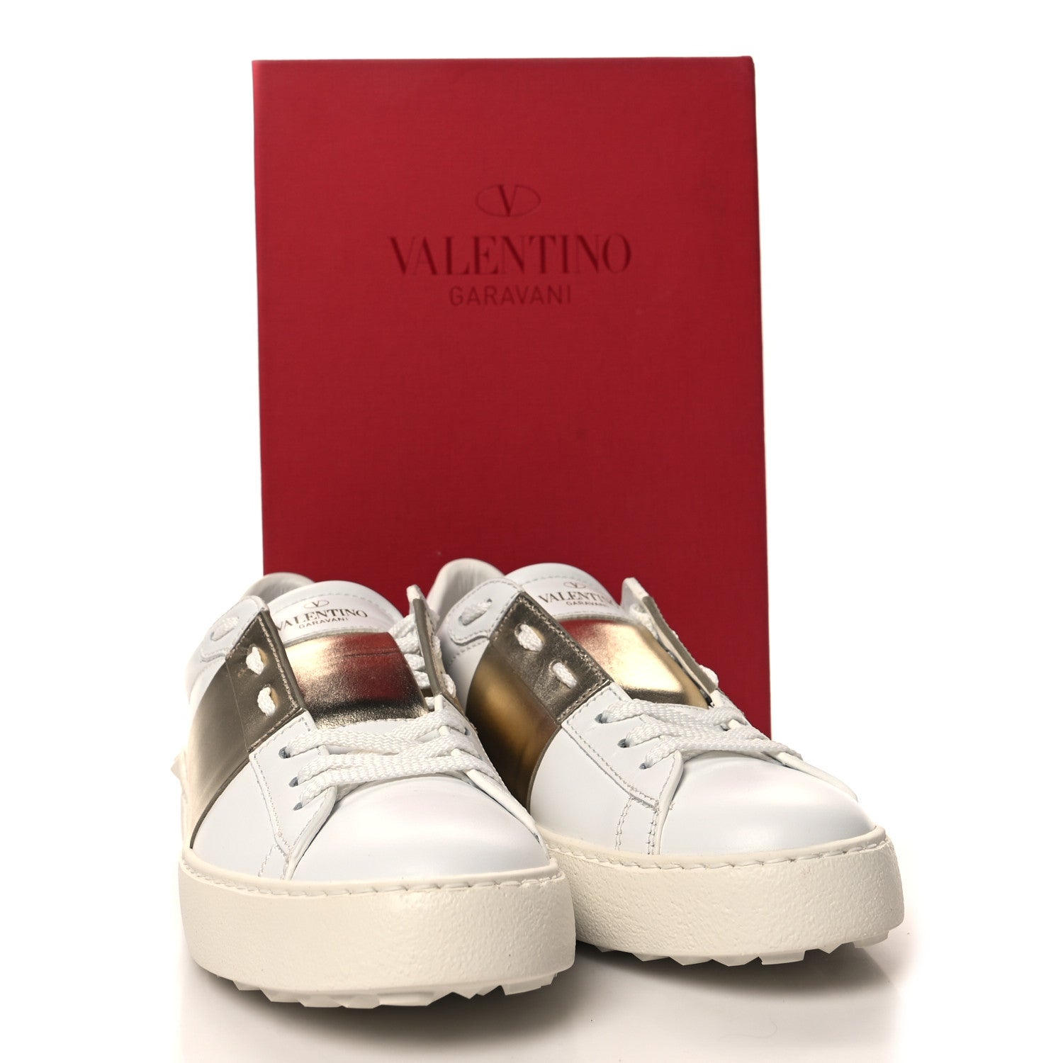 Valentino Garavani Calfskin Rockstud Open Sneakers 36 White Pewter