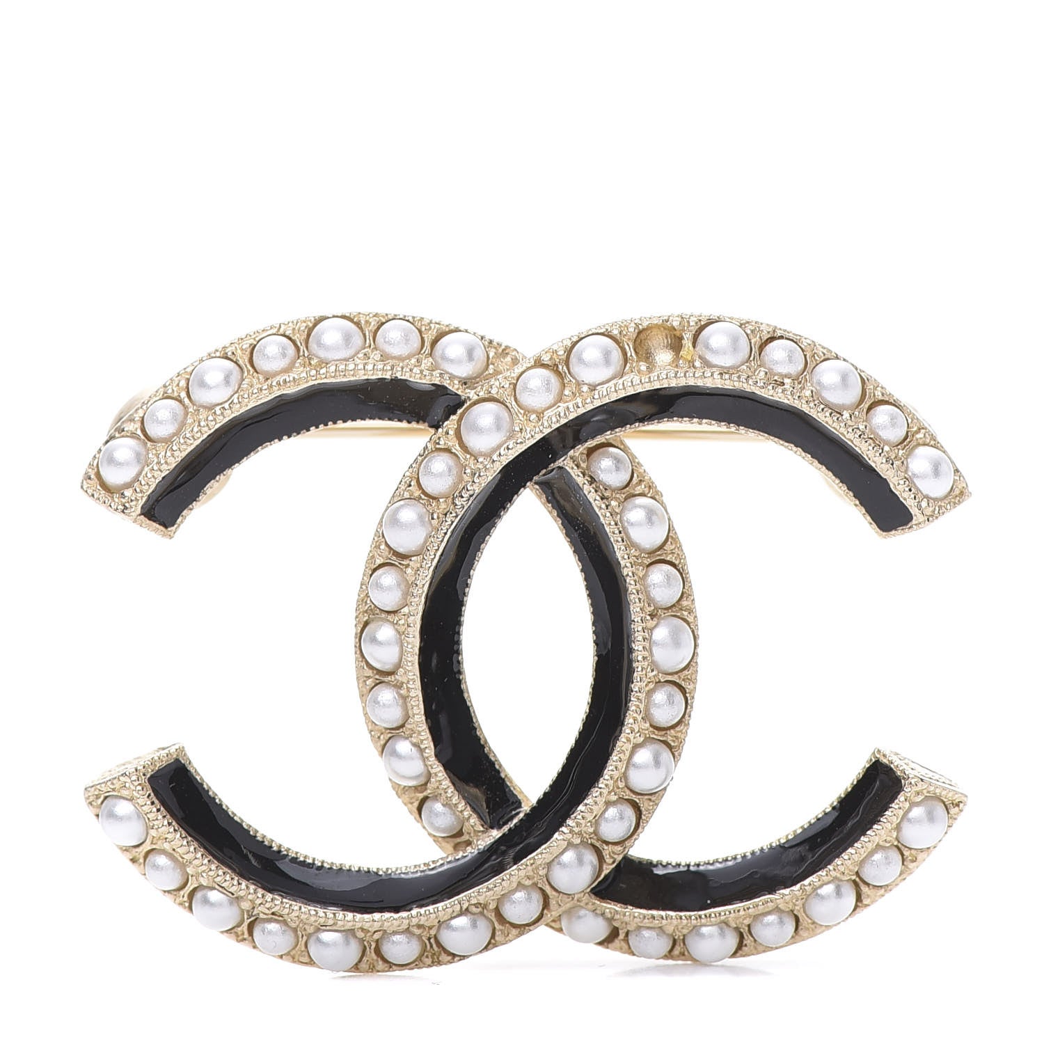Chanel Pearl Enamel CC Brooch Black Gold 1 of 5