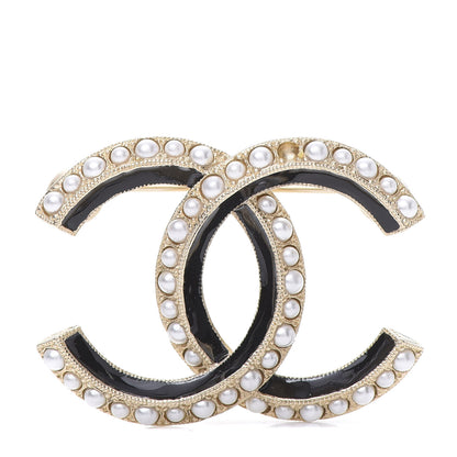 Chanel Pearl Enamel CC Brooch Black Gold 1 of 5