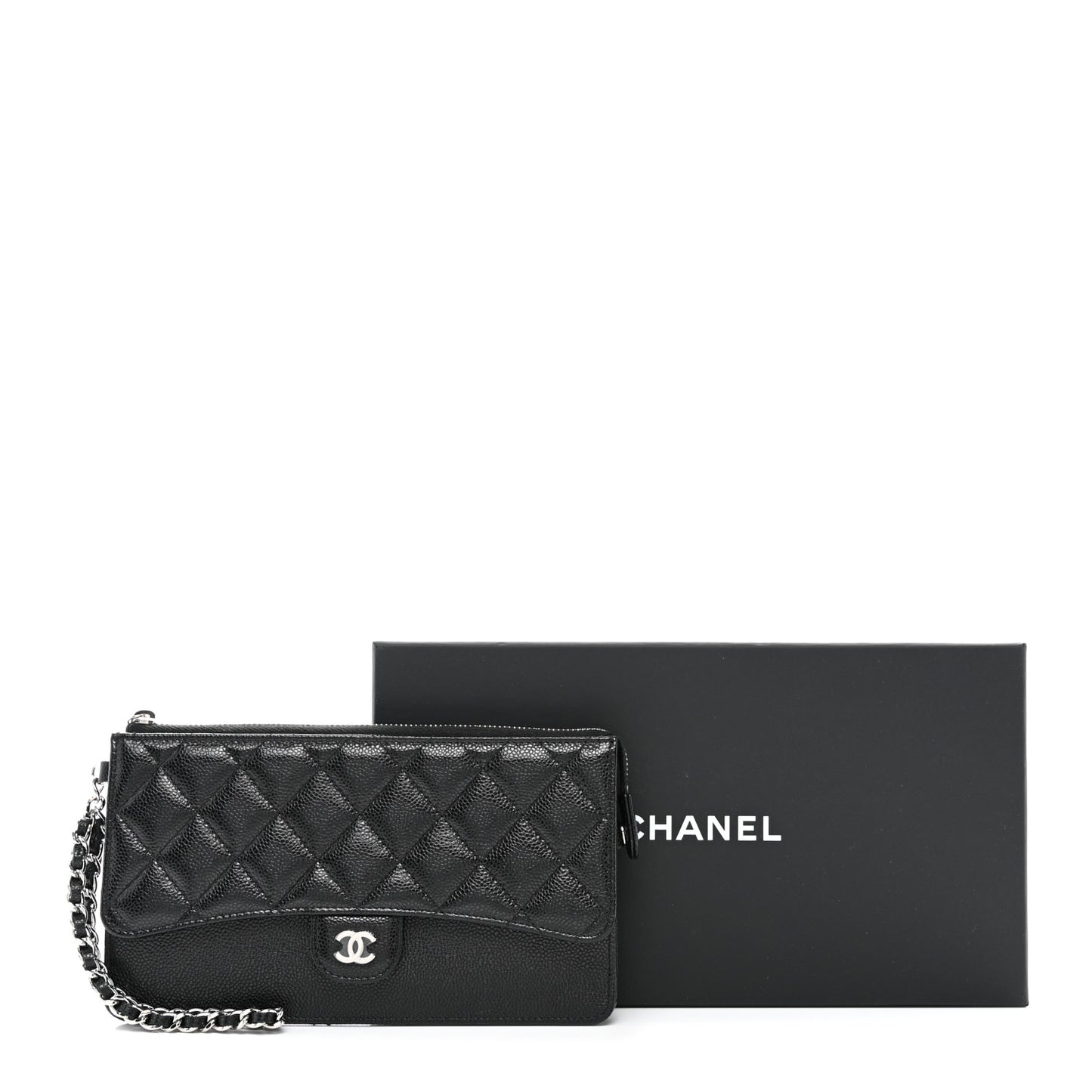 Caviar Quilted Classic Pouch With Handle Black