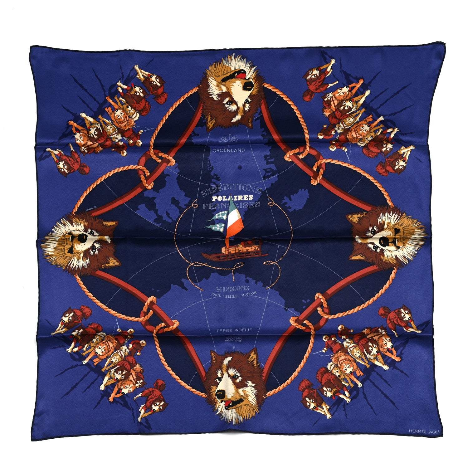Hermes Silk Expeditions Polaire Francaise Scarf 70 Bleu Nuit Caban Cognac 1 of 7