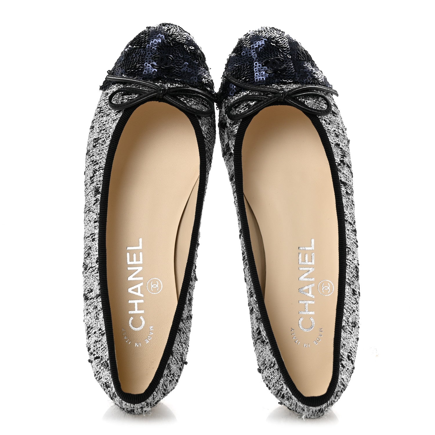 Chanel Tweed Sequin Cap Toe Ballerina Flats 35 Silver Black Blue 2 of 10