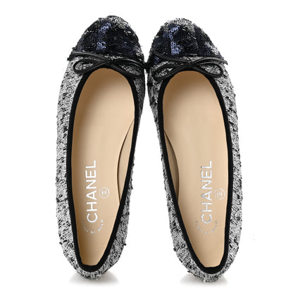 Chanel Tweed Sequin Cap Toe Ballerina Flats 35 Silver Black Blue 2 of 10