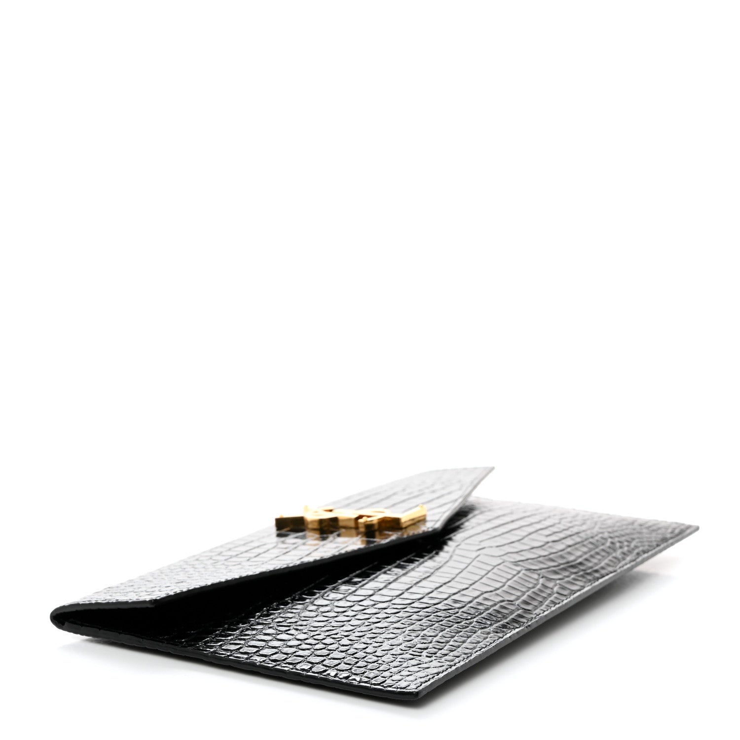 Saint Laurent Calfskin Crocodile Embossed Uptown Monogram Clutch Black 4 of 7