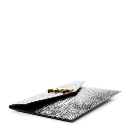 Saint Laurent Calfskin Crocodile Embossed Uptown Monogram Clutch Black 4 of 7