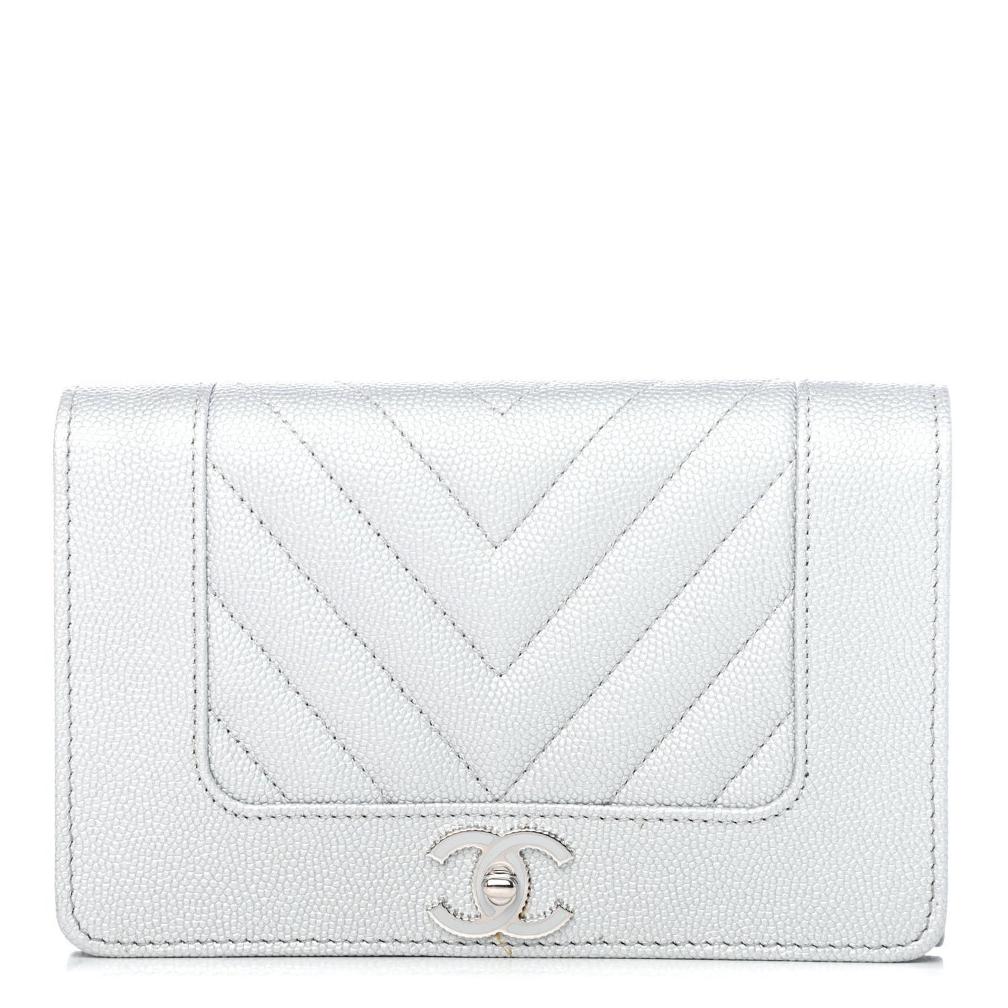 Metallic Caviar Chevron Quilted Mademoiselle Vintage Flap Wallet Silver